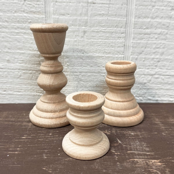 Wooden Candle Holder Set  - 4", 2 5/8" and 1 3/4"  Candlesticks  - Lot of 3 - Primitive Candle Set