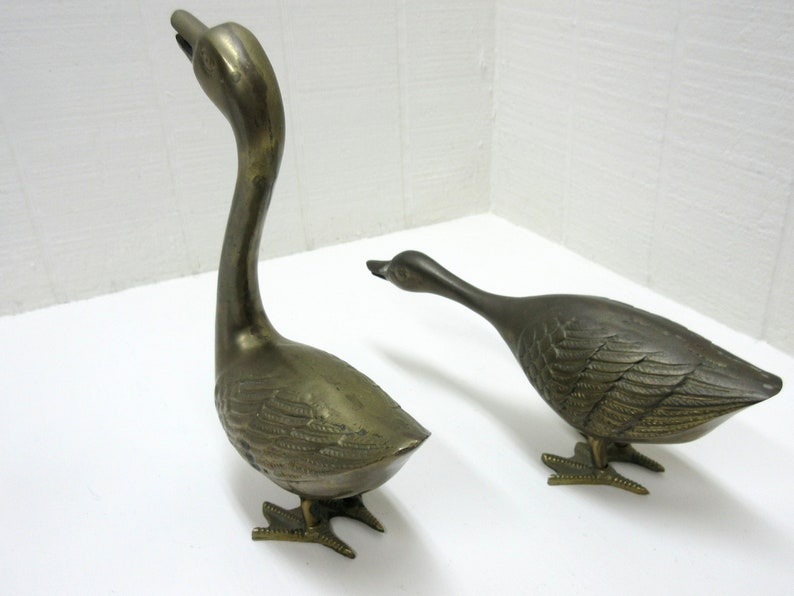 Vintage Large Brass Swan / Geese Figurines Lot Of 2 Brass Bird Pair image 5