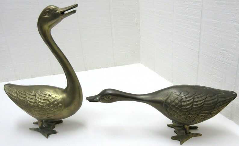 Vintage Large Brass Swan / Geese Figurines Lot Of 2 Brass Bird Pair image 6