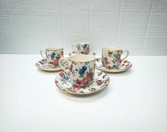 Vintage Floral Chintz Tea Cup and Saucer - Demitasse -  Set of 4 Espresso Cups