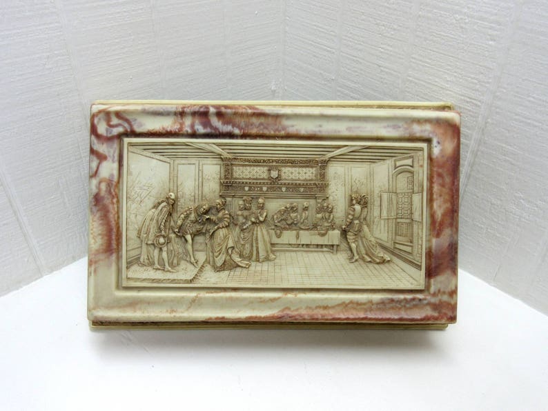 Vintage Jewelry Box Alabaster Bas-Relief Decorative Carved Medieval Period Scene