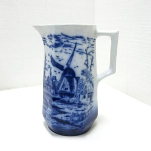 Vintage Flow Blue Pitcher Hand Painted Scenery With Sail Boats And Cottage