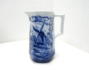 Vintage Cobalt  Blue and White Transferware Pitcher With Sail Boats And Cottage