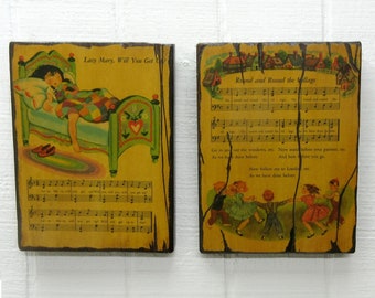 Vintage Folk Art Nursery Rhyme Wood Plaques Set Of Five