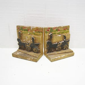 Vintage Horse and Carriage Bookends Chalkware - Victorian Library Decor