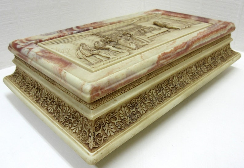 Vintage Jewelry Box Alabaster Bas-Relief Decorative Carved Medieval Period Scene
