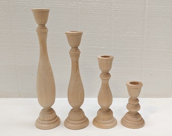 Wooden Candle Holders / Candlesticks 11, 9, 6-3/4, 4" Inches Tall Lot Of 4