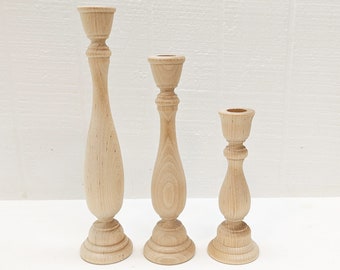 Wooden Candle Holders / Candlesticks 11, 9, 6-3/4 Inches Tall Lot Of 3