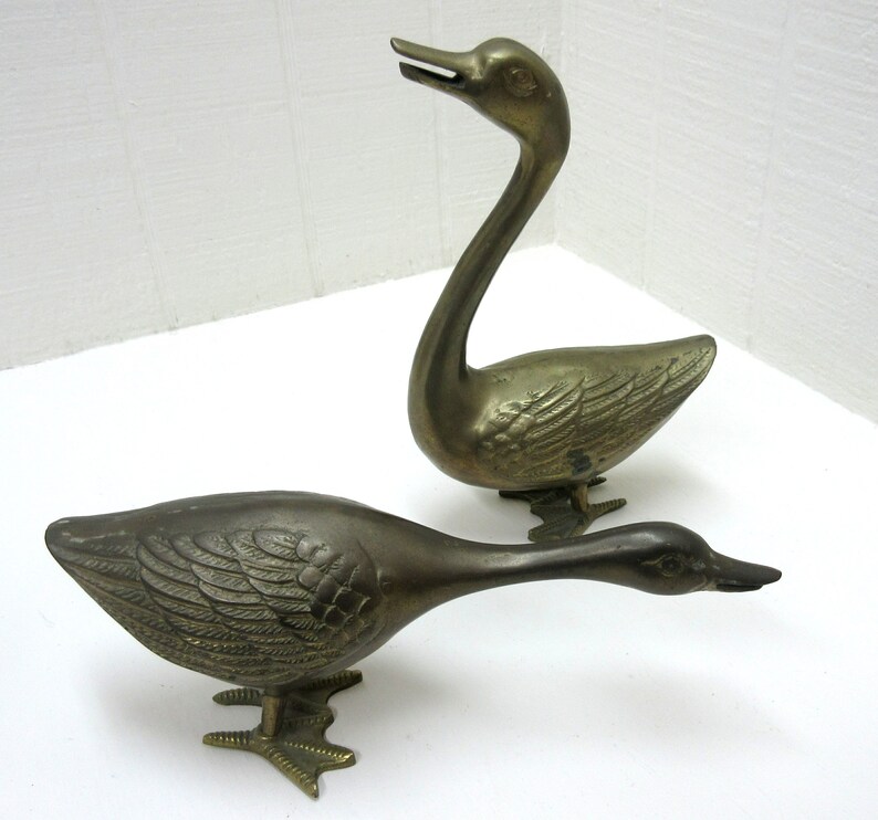 Vintage Large Brass Swan / Geese Figurines Lot Of 2 Brass Bird Pair image 3