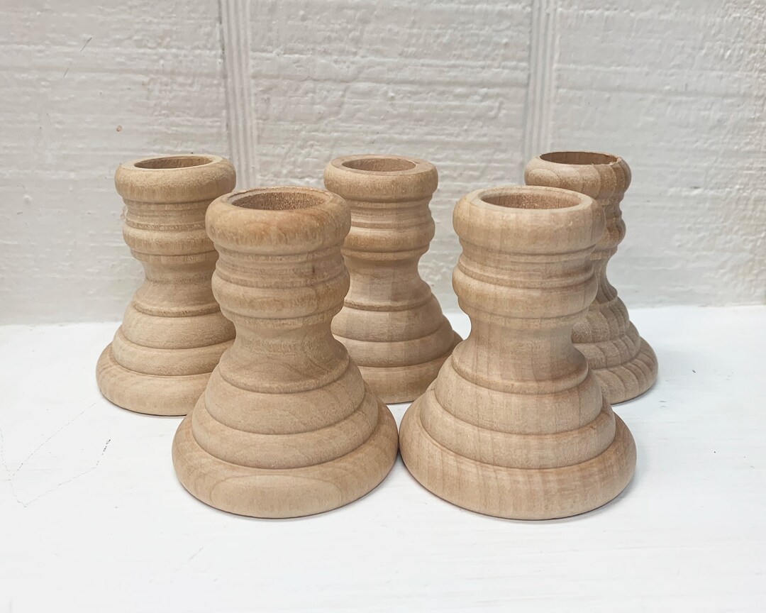 Wood Candlesticks Unfinished 25/8 Inches Tall French Country Style Set