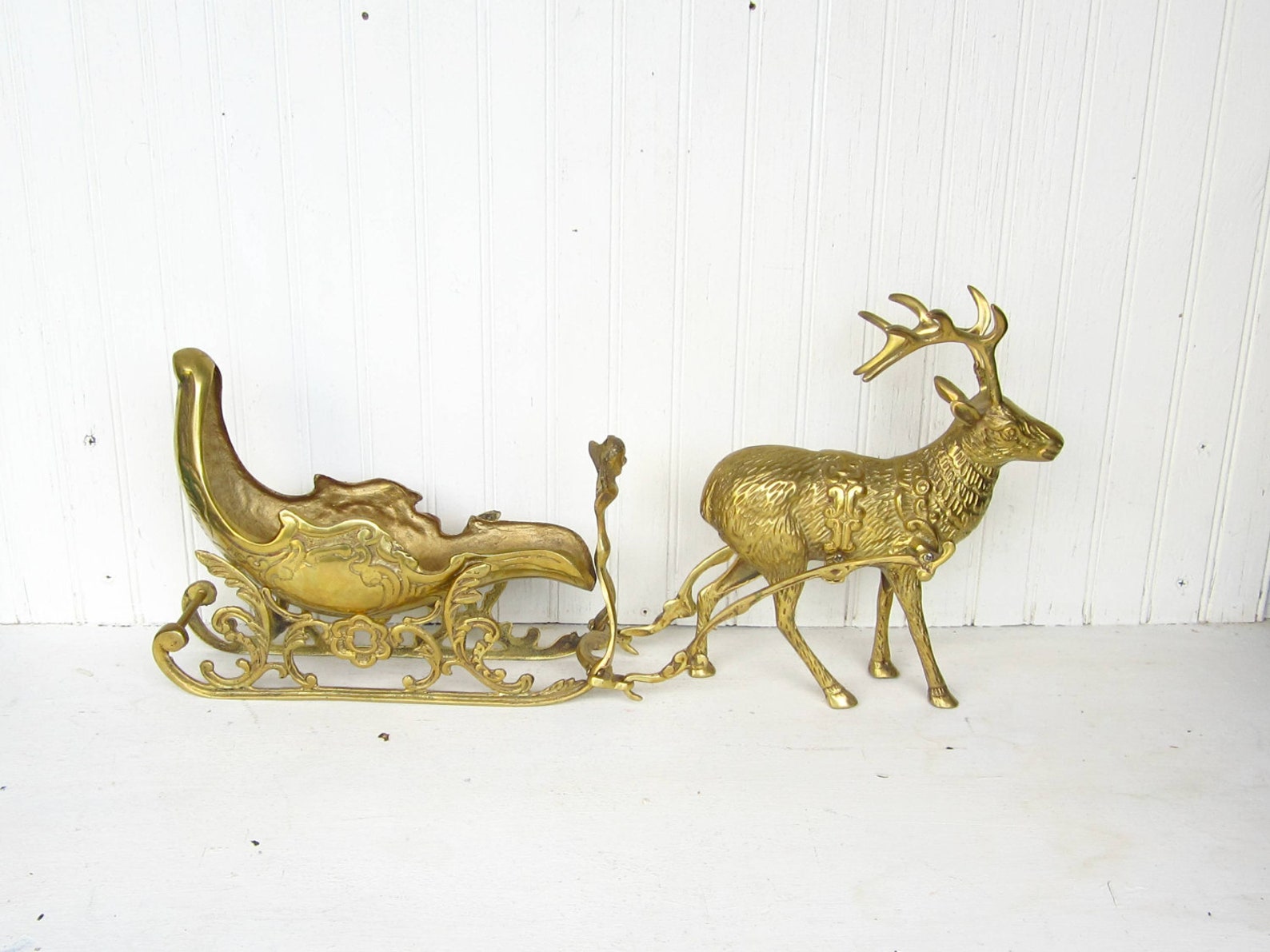 Vintage Large Solid Brass Reindeer And Sleigh Etsy