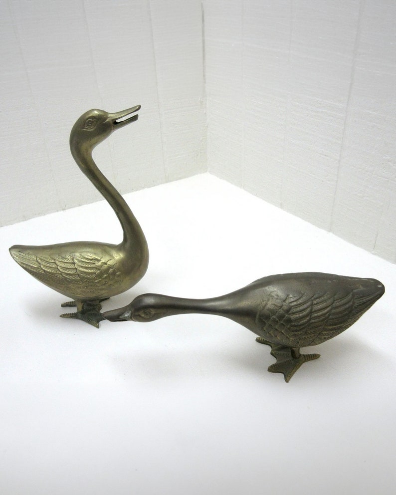 Vintage Large Brass Swan / Geese Figurines Lot Of 2 Brass Bird Pair image 1