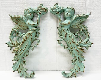 Cast Iron Angel Wall Decor Pair - Distressed Aqua Finish - Architectural Salvage