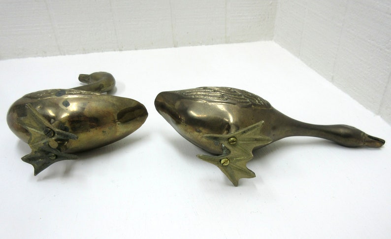 Vintage Large Brass Swan / Geese Figurines Lot Of 2 Brass Bird Pair image 7