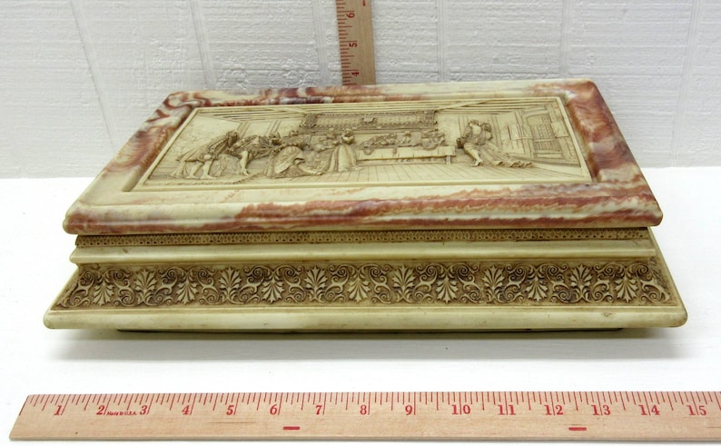 Vintage Jewelry Box Alabaster Bas-Relief Decorative Carved Medieval Period Scene