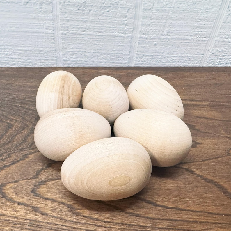 Wooden Eggs For Craft Projects - Lot Of 6 - Natural Shape Rounded Bottom - Hen Egg - Wood Chicken Egg - Decoy Egg - Unfinished image 4