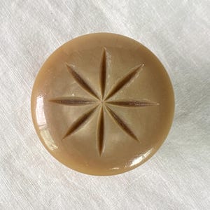 May include: A round, light brown button with a starburst design carved into its surface. The button has a glossy finish and is set against a white, textured background. This button is suitable for sewing projects.
