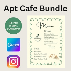 May include: A green and white menu with a green border and the text "Menu" in cursive. The menu lists drinks and food items, including Matcha Latte, Hojicha Latte, London Fog, Croissant, Pain Au Chocolat, Cardamom Bun, and Egg Custard Tart.