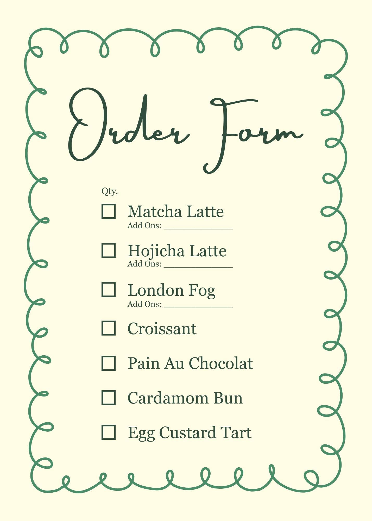 Matcha Cafe Template Pack, Editable Menu, Order Form & Invitation ...