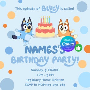 Invitación de cumpleaños de Bluey, invitación digital para fiesta, plantilla editable, descarga instantánea, imprimible, tarjeta de cumpleaños de Canva, temática de perro azul