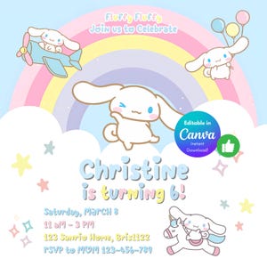 以下が含まれることがあります： 虹と雲が描かれた、カラフルな誕生日招待状。キャラクターが描かれており、テキストには「Fluffy Fluffy Join us to Celebrate Christine is turning 6! Saturday, March 8 11 am - 3 pm 123 Sanrio Home, Brist122 RSVP to MOM 123-456-789 Editable in Canva Instant Download!」と書いてあります。