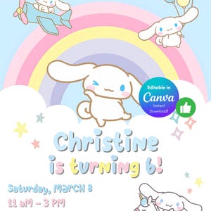Może przedstawiać: Zaproszenie na urodziny z tęczą i kresk&oacute;wkową postacią z r&oacute;żową kokardką. Tekst brzmi "Fluffy Fluffy Join us to Celebrate Christine is turning 6! Saturday, March 8 11 AM - 3 PM 123 Sanrio Home, Brist122 RSVP to MOM 123-456-789".