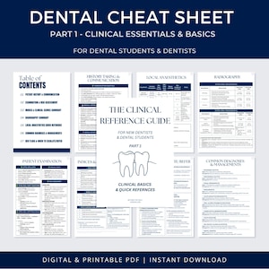 May include: A digital and printable PDF dental cheat sheet. The title reads "DENTAL CHEAT SHEET" with the subtitle "PART 1 - CLINICAL ESSENTIALS & BASICS" and "FOR DENTAL STUDENTS & DENTISTS". The guide includes sections on patient history, radiography, and local anaesthetics.
