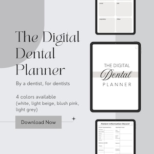 Könnte beinhalten: Digitaler Zahnplaner mit dem Text "The Digital Dental Planner" und "By a dentist, for dentists." Erhältlich in Weiß, Hellbeige, Rosa und Hellgrau. Das Bild enthält auch ein Tablet mit den Worten "THE DIGITAL Dental PLANNER."