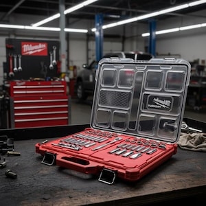 May include: A red Milwaukee tool set with a clear plastic lid, open to reveal various wrenches and sockets. The set is on a dark surface in a garage setting, with other tools and equipment visible in the background.