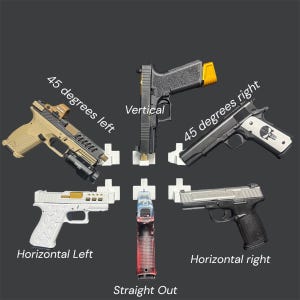 May include: An assortment of handguns displayed in various orientations: 45 degrees left, vertical, 45 degrees right, horizontal left, straight out, and horizontal right. The guns feature different colors and designs, with text labels indicating their positions.