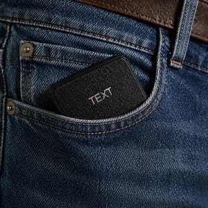May include: A black rectangular object with the word "TEXT" in silver lettering is in the front pocket of a pair of blue denim jeans. A brown leather belt with a silver buckle is visible.