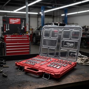 May include: A red Milwaukee tool set with a clear plastic lid, open to reveal various sockets and wrenches. The set is on a dark surface, with a red toolbox and other tools visible in the background.