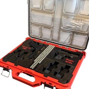 May include: Red and black gun case with a clear lid. The case contains a Glock 17 P80 and a Ruger EC9s, along with ammunition. The case is labeled "Milwaukee PACKOUT".