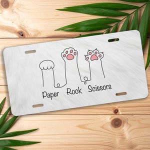 Cat License Plate: Funny &quot;Paper, Rock, Scissors&quot; Aluminum Vanity Plate
