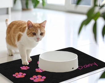 Personalized Pet Food Mat: Paw Print Design, Non-Slip Cat & Dog Feeding Mat