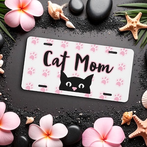 Stylish Cat Mom License Plate Cat themed premium white quality gloss vanity plate for car funny cat graphic for the high end cat lover gift