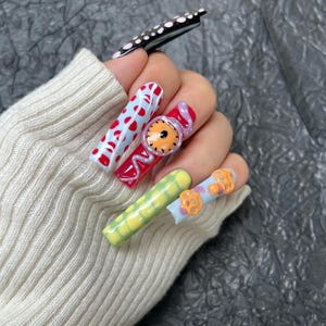Grillige cartoon 3D pers op nagels | Funky handgemaakte nepnagels | Y2K popart-nagelset | Lange kleurrijke nagels