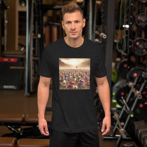Camiseta divertida de títere espartano: escena de guerra cómica de IA con guerreros de dibujos animados; camiseta parodia de 300