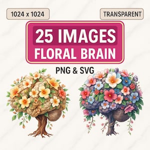 Florales Gehirn PNG SVG Bundle | 25 transparente hochwertige Clipart-Bilder | 1024x1024 | Digitaler Download | Kommerzielle Nutzung erlaubt