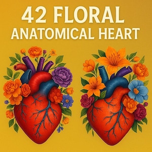 42 Floral Anatomical Heart Clipart PNG SVG | Transparent Human Heart Art | High-Resolution Medical Botanical Illustration | Digital Download