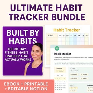 Könnte beinhalten: Ein Ultimate Habit Tracker Bundle mit dem Text "ULTIMATE HABIT TRACKER BUNDLE". Das Bundle enthält ein lila E-Book-Cover mit dem Text "BUILT BY HABITS" und ein Frauenbild. Ebenfalls enthalten sind druckbare Habit Tracker.