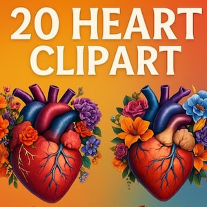 Anatomical Heart Clipart Bundle | 20 Transparent PNG & SVG Files | Floral Human Heart Digital Download for Sublimation, Stickers, Crafts