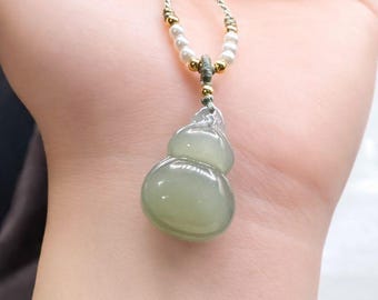 Natural Jade Hulu Pendant – White or Lake Green Color, Gourd pendant