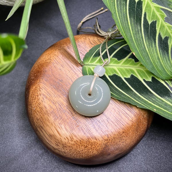 Natural Nephrite Jade Donut Pendant | Chinese Peace Buckle Necklace Harmony Symbol