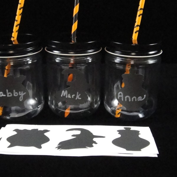 TWELVE Halloween Plastic Mason Jars and lids w/Chalkboard Labels, Party Cups, Straw Cut Lids, Halloween Favors - 12 oz jars