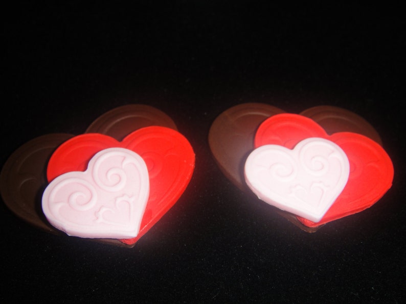 Chocolate Valentines Hearts Edible Fondant Cupcake Toppers, Valentines Cupcakes, Edible Valentines, Fondant Hearts, Valentines Cake QTY 12 image 4