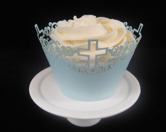 Blue Cross Cupcake Wrappers, Baptisms, Christenings, Wedding Cupcakes, First Communion Cupcakes, Cross Cupcakes, Ship from US, QTY 12