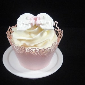 Pink Shimmer Cross Cupcake Wrappers, First Communions, Christenings, Baptism Cupcakes, Weddings, Wedding Cupcakes - Ship from US - QTY 12