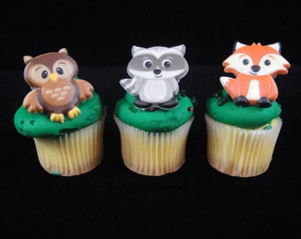 Woodland Animal Cupcake Rings, Kids Party, Birthday Party Supplies,  Cupcake Toppers,  Party Favors, Fow, Owl, Racoon - QTY 12