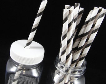 Black and Grey Striped  Paper Straws, Mason Jar Straws, Weddings, Birthday Party, Baby Showers, Retro Paper Straws - QTY 12